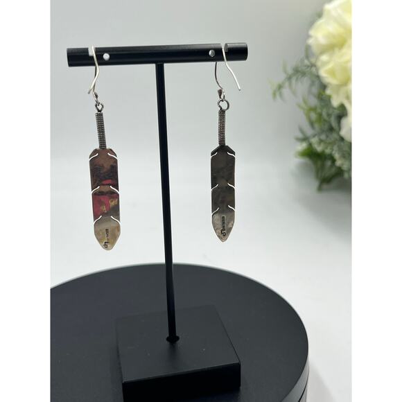 LP Signed Native American Navajo 925 Sterling Silver Feather Dangle Earrings - Picture 8 of 9